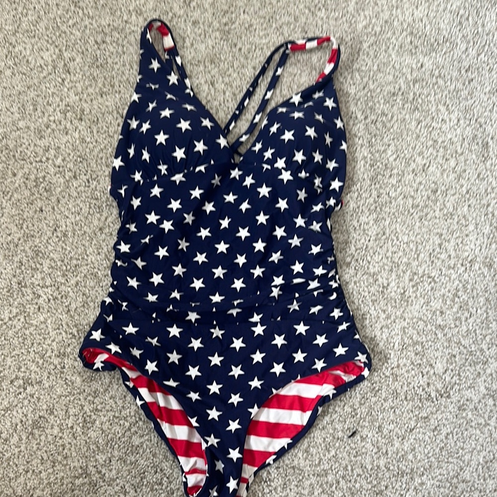 Navy Star-Print One-Piece Swimsuit Reversible To Red Stripe